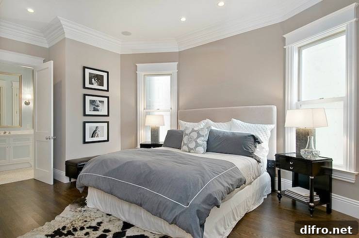 Master bedroom with greige/taupe walls and classic trim