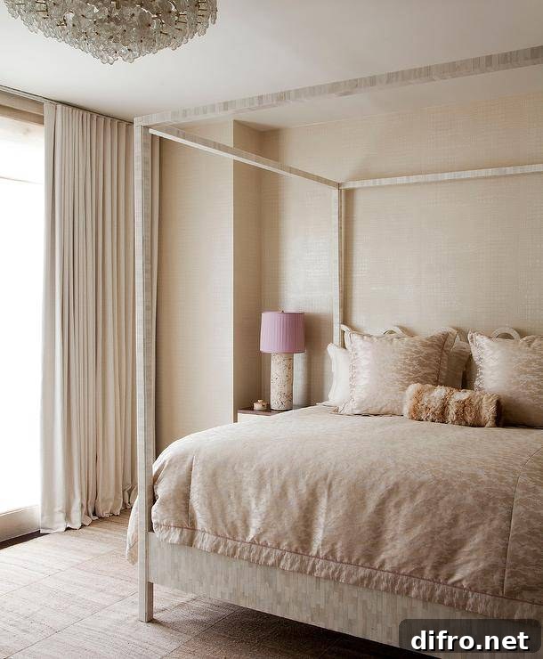 Elegant bedroom with cream canopy bed and beige walls