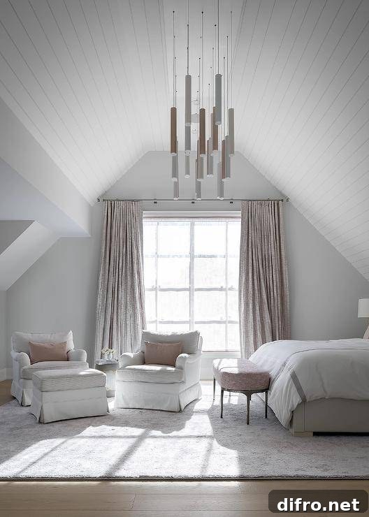 Master bedroom with light French gray walls and pink accents