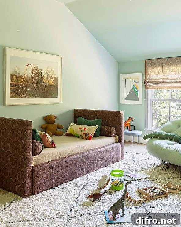 Bedroom with mint green walls and complementary furnishings