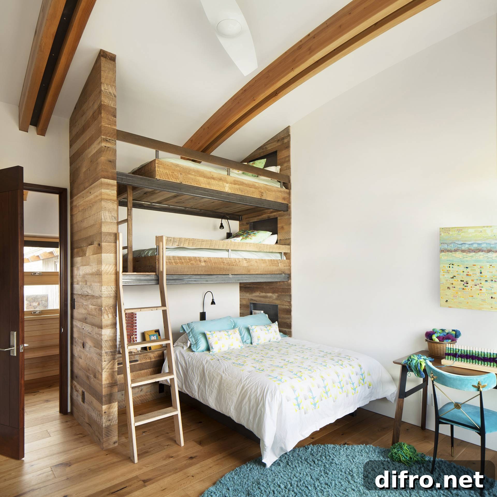 double bed built into wooden structure with two additional levels of bunk beds