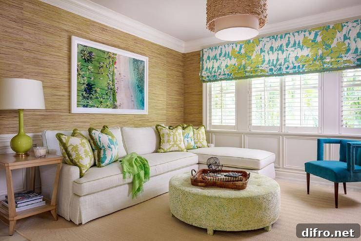 Living room with teal chair, lime pillows and teal-and-green roman shade