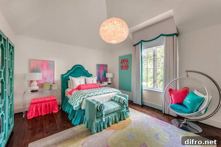 Bedroom featuring teal headboard and pink accents