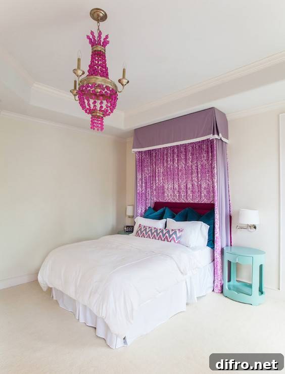 Bedroom with teal and purple accents