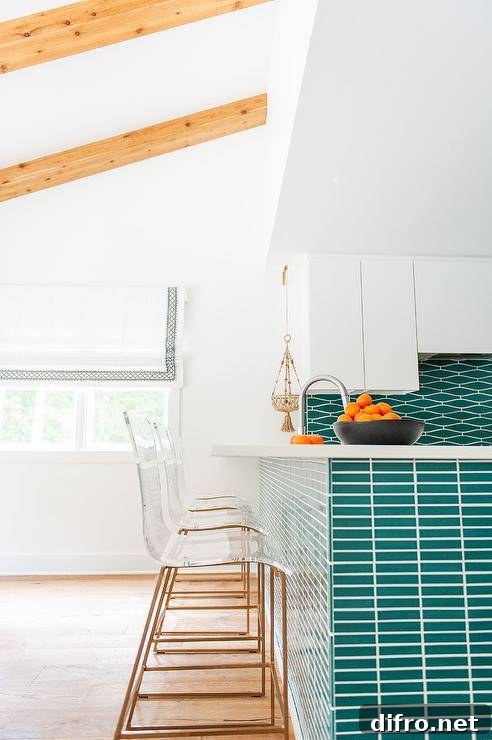 Contemporary white kitchen with teal tile peninsula and geometric backsplash