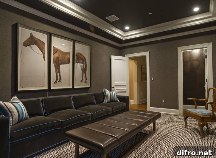 Family room combining teal piping with brown furniture