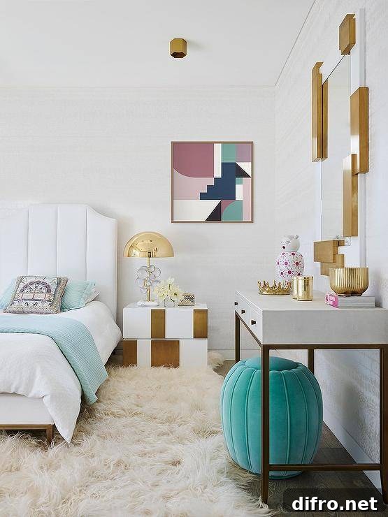 Bedroom with teal bedding and gold accents