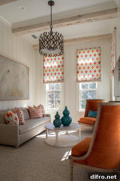 Small living room with teal and orange accents