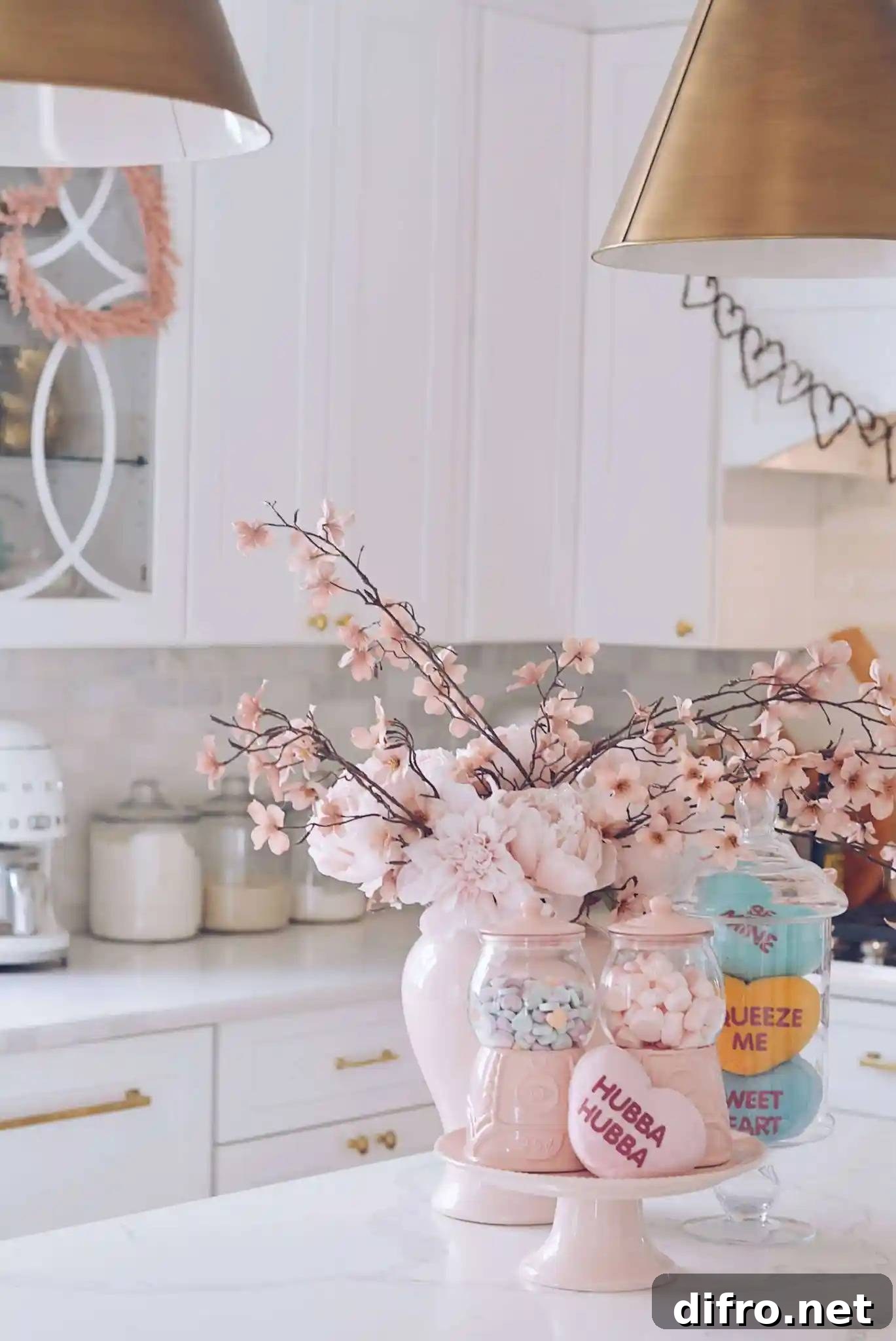 Valentine's candy jars on kitchen island