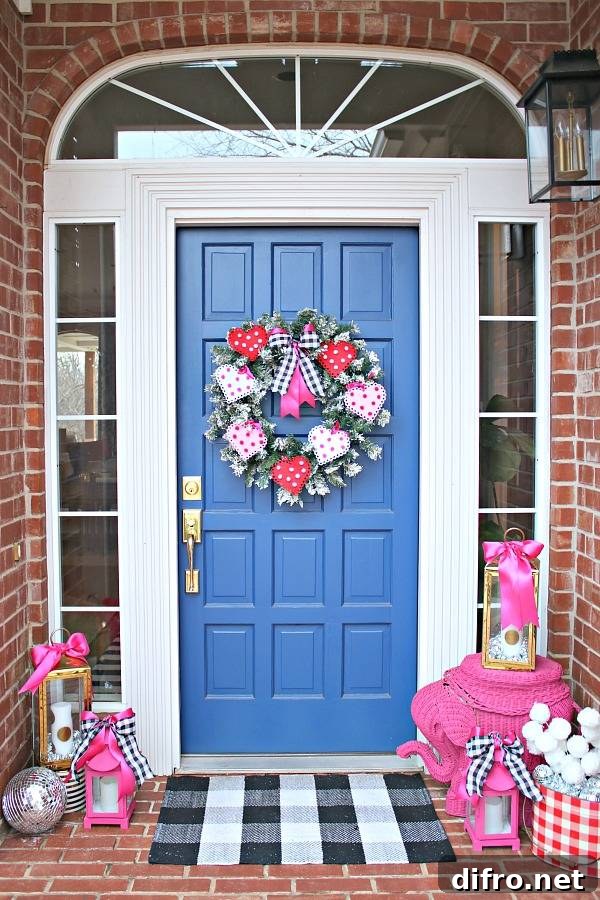Front porch decorated for Valentine's Day