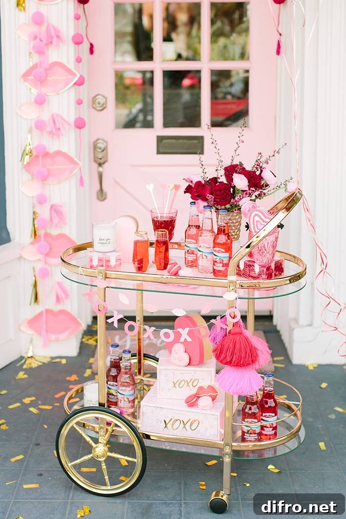 Bar cart styled for Valentine's Day