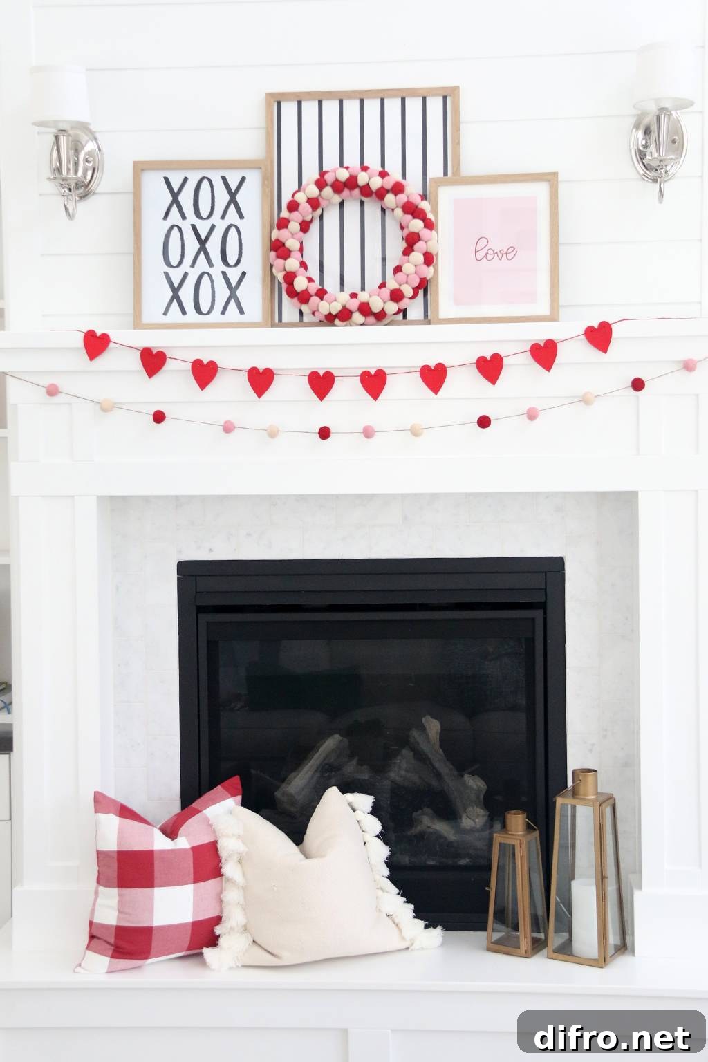 Mantel decorated for Valentine's Day