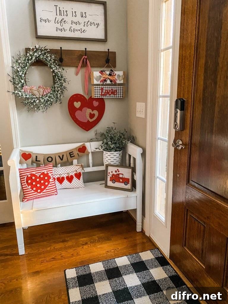 Entryway bench decorated for Valentine's Day