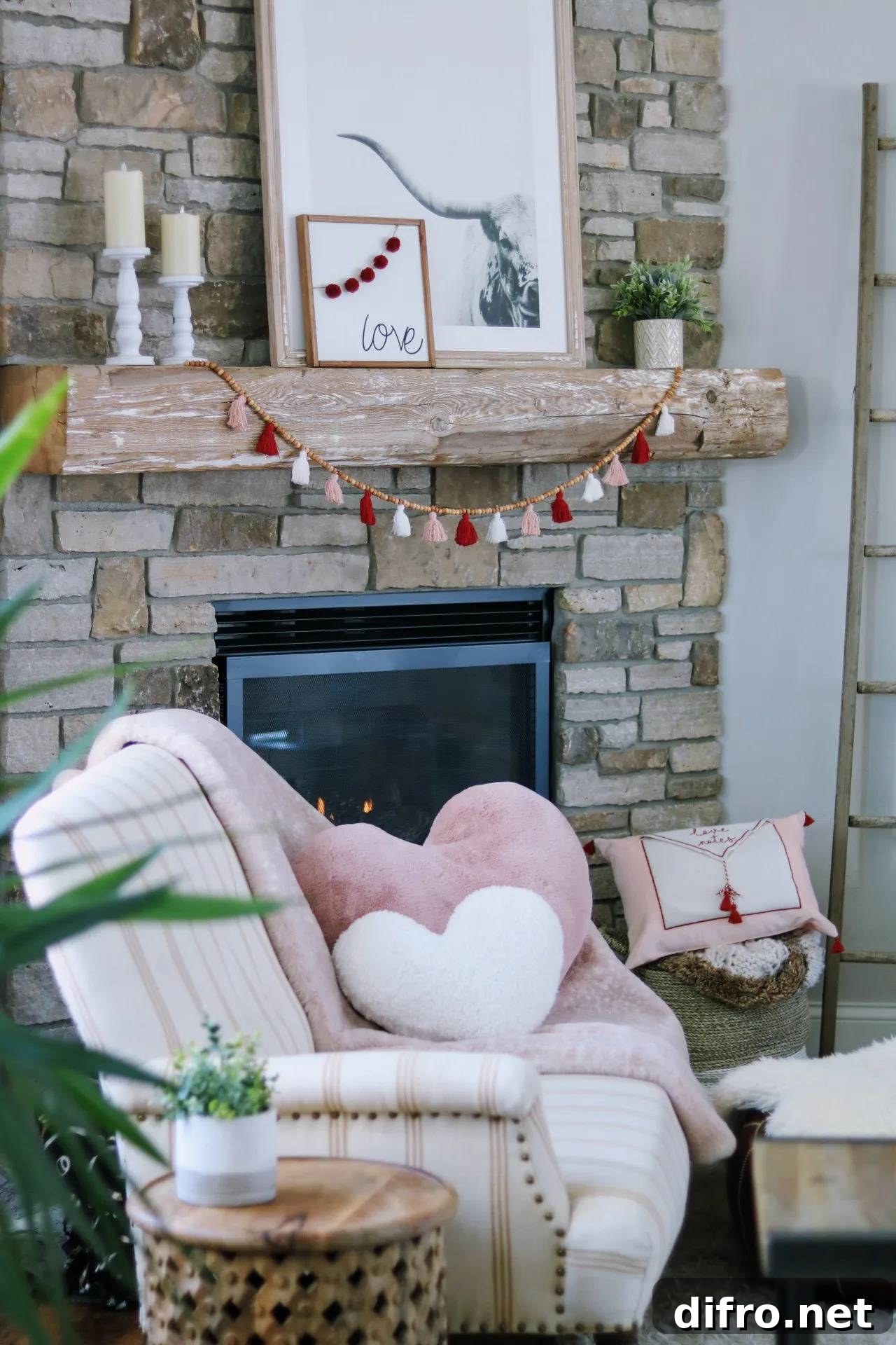Sofa with heart-shaped pillows