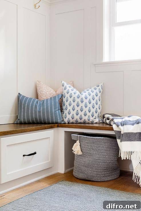 Mudroom bench with blue and white striped throw and accent pillows
