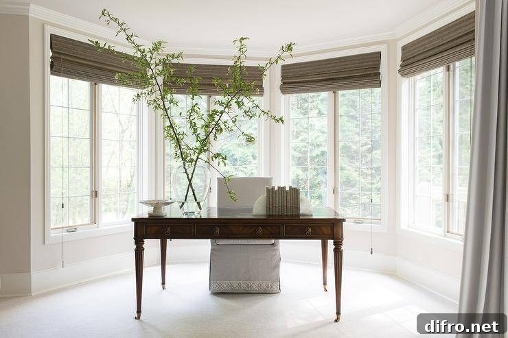 Transitional home office bay window designed with a French desk centered in the forefront paired with a slipcovered light gray chair. Brown bamboo roman shades finish the windows with a darker trim contrasting the natural linen desk chair.