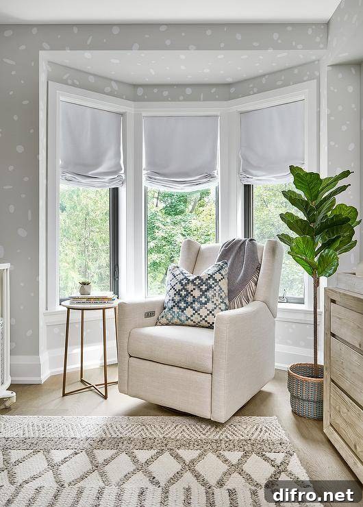 Contemporary nursery with a bay window furnished with an ivory wingback rocker and a fiddle leaf fig plant. Gray roman shades adorn the bay windows surrounded by white and gray wallpaper walls.
