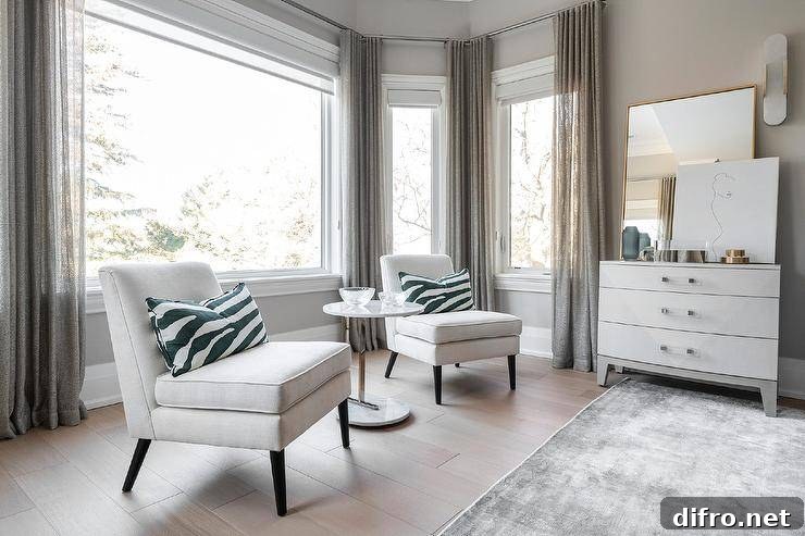Sheer gray curtains cover bay windows framed by light gray wall paint and positioned behind a nickel and marble accent table placed between white slipper chairs topped with green zebra pillows.