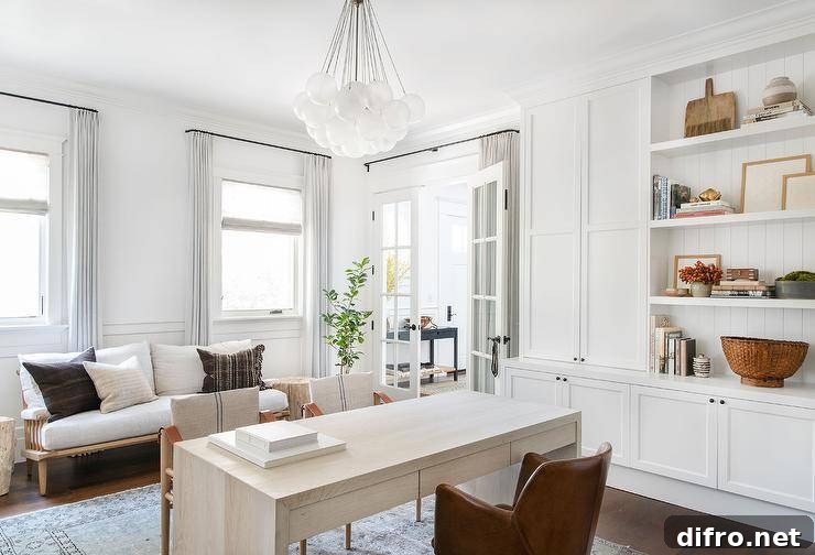 Office with shaker shelves and cabinetry, simple and functional
