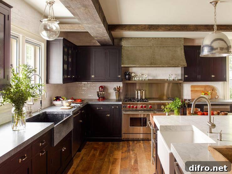 Cottage style kitchen features black shaker cabinets and wooden ceiling beams in a clean, functional layout.
