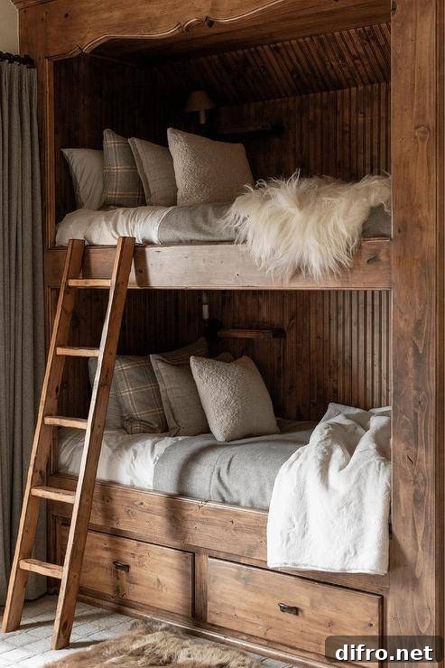 Country bedroom with wooden bunk beds and simple bedding