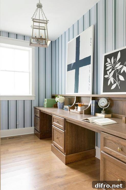 Cottage style home office with simple built-ins and shaker cabinetry