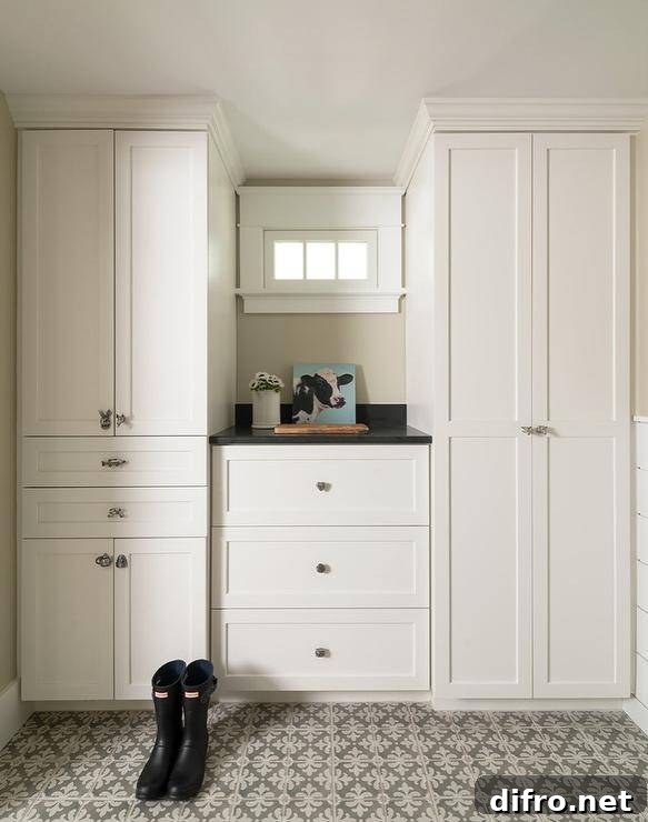 Laundry room with floor-to-ceiling shaker cabinets and simple hardware