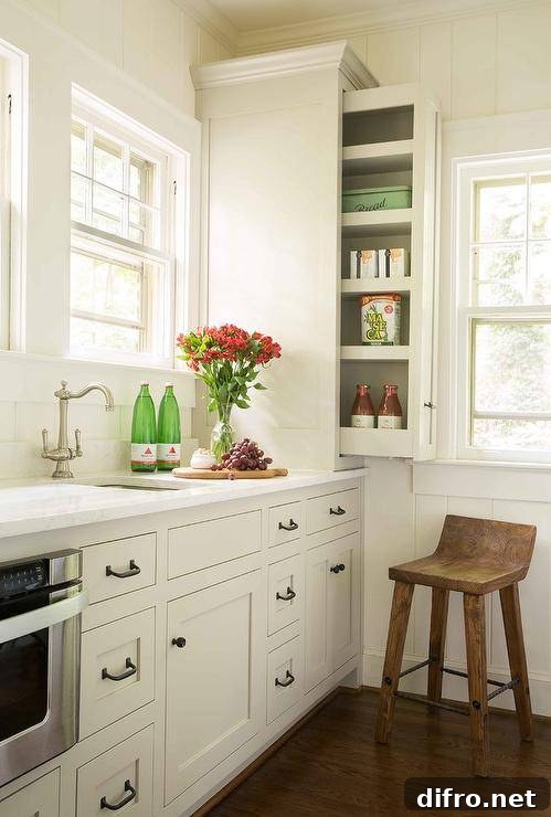 Shaker kitchen pantry with pull-out shelves and light tan cabinets