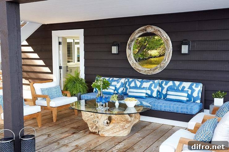 Stunning covered patio features a round driftwood mirror hung from black home siding over a black and white sofa accented with blue cushions.