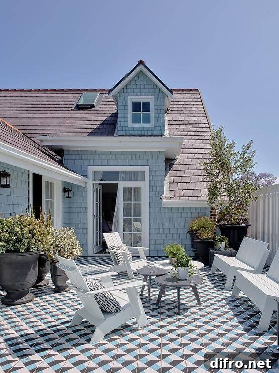 Blue shake siding cottage with gray roof and white Adirondack chairs.