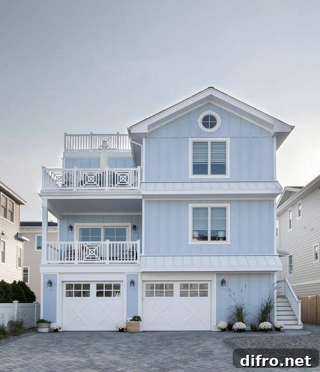 Periwinkle beach house boasting white trim with two white x-trimmed balconies, vertical siding, white double garage doors and gray pavers.