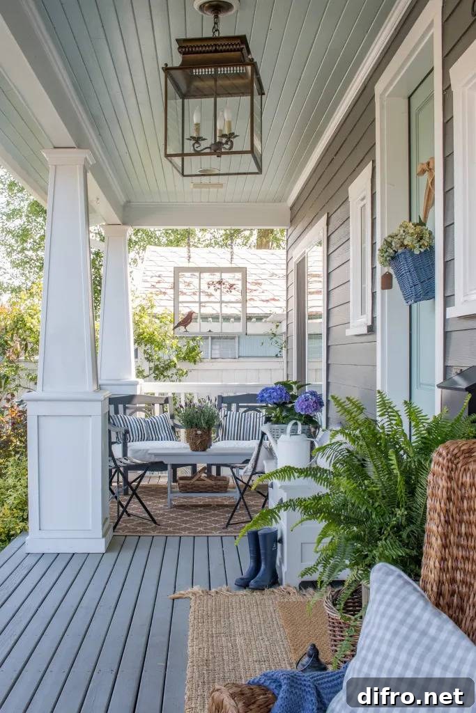 wood front porch with straw welcome mat and bistro table with chairs