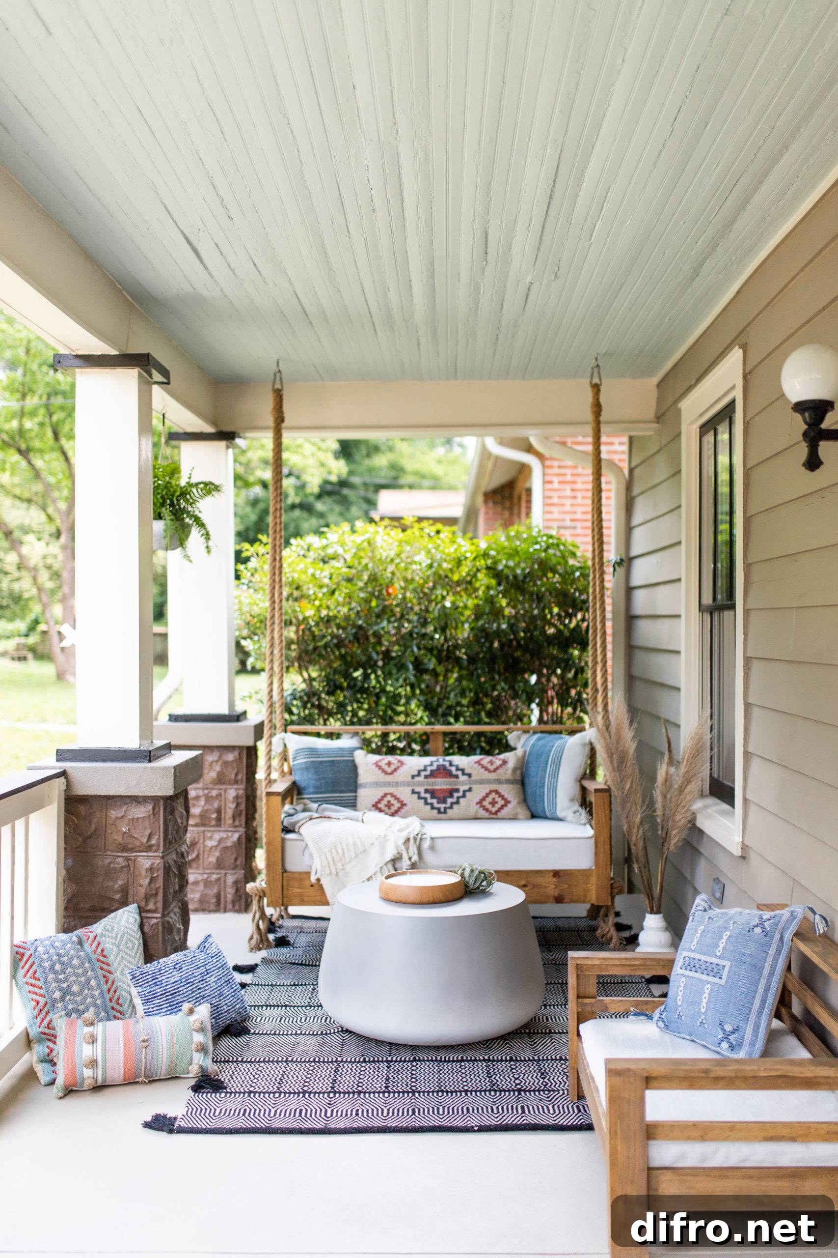 boho styled front porch with wooden swing, bohemian rugs and pillows, white center table