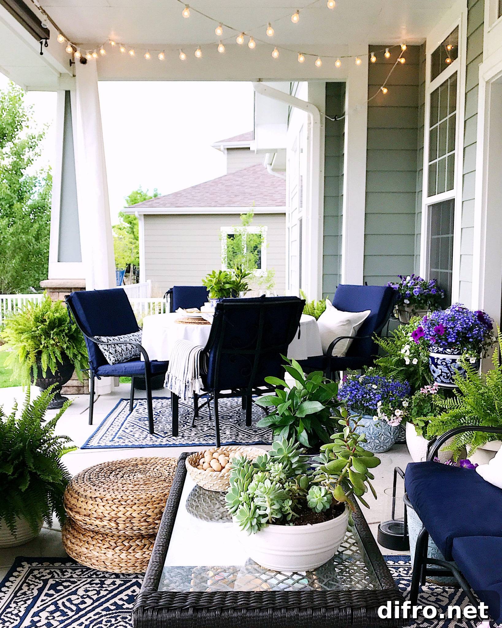 outdoor patio with fairy lights and blue velvet furniture