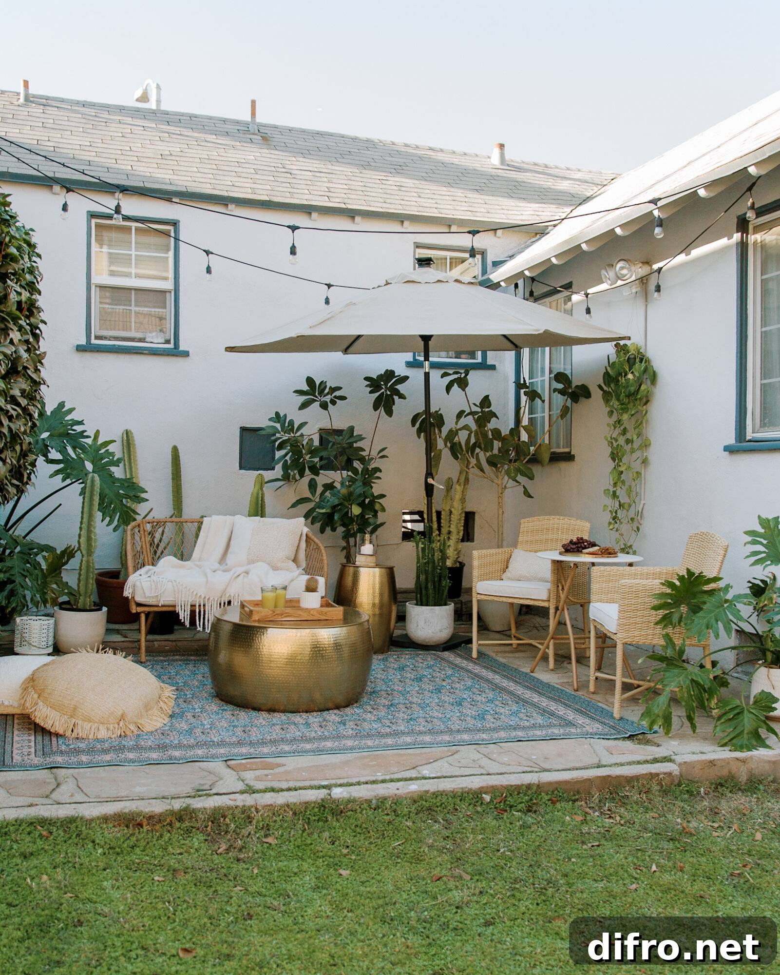 outdoor patio with open umbrella and string lights