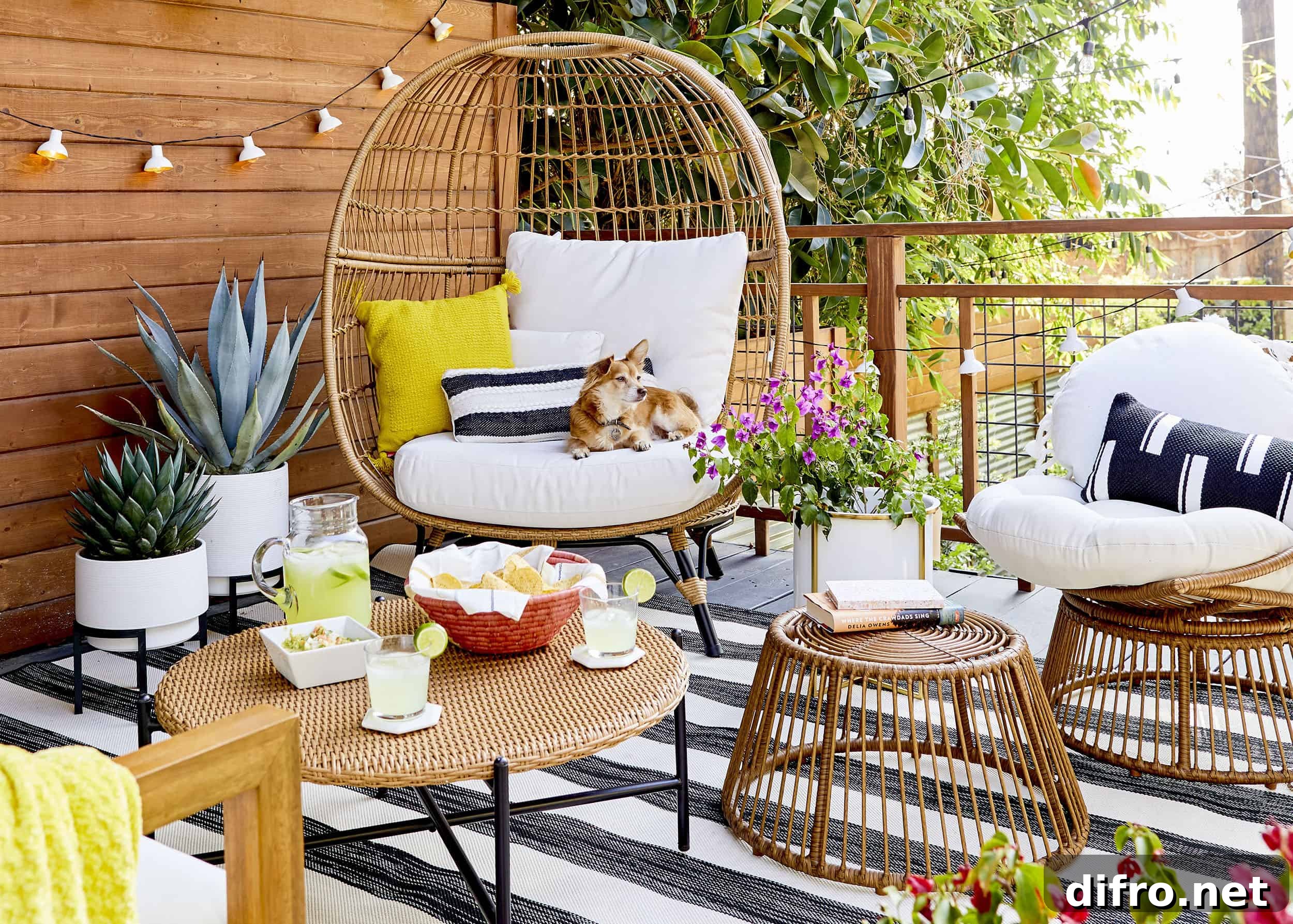 outdoor patio with wooden baskets and a basket chair