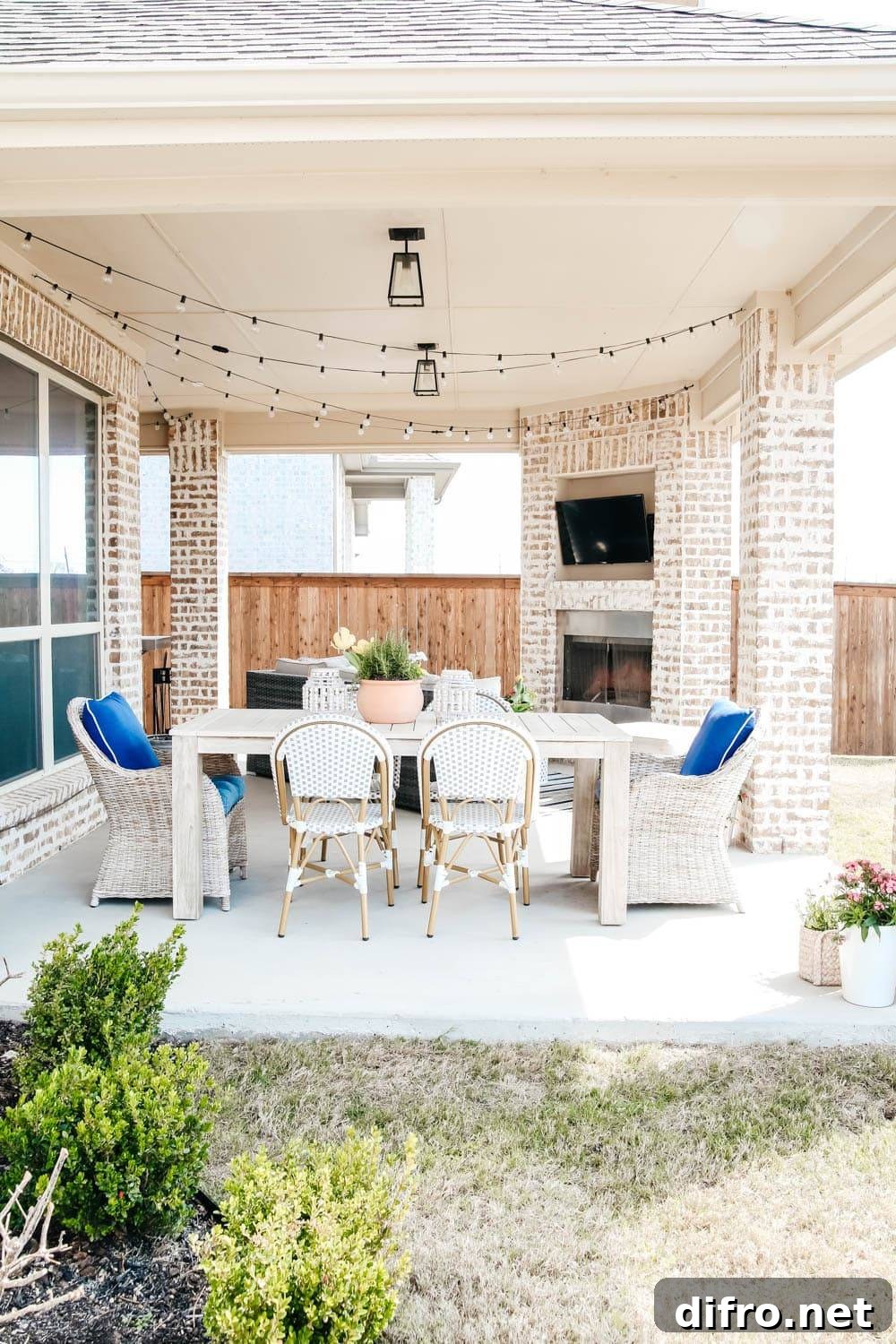covered patio with large table and outdoor television