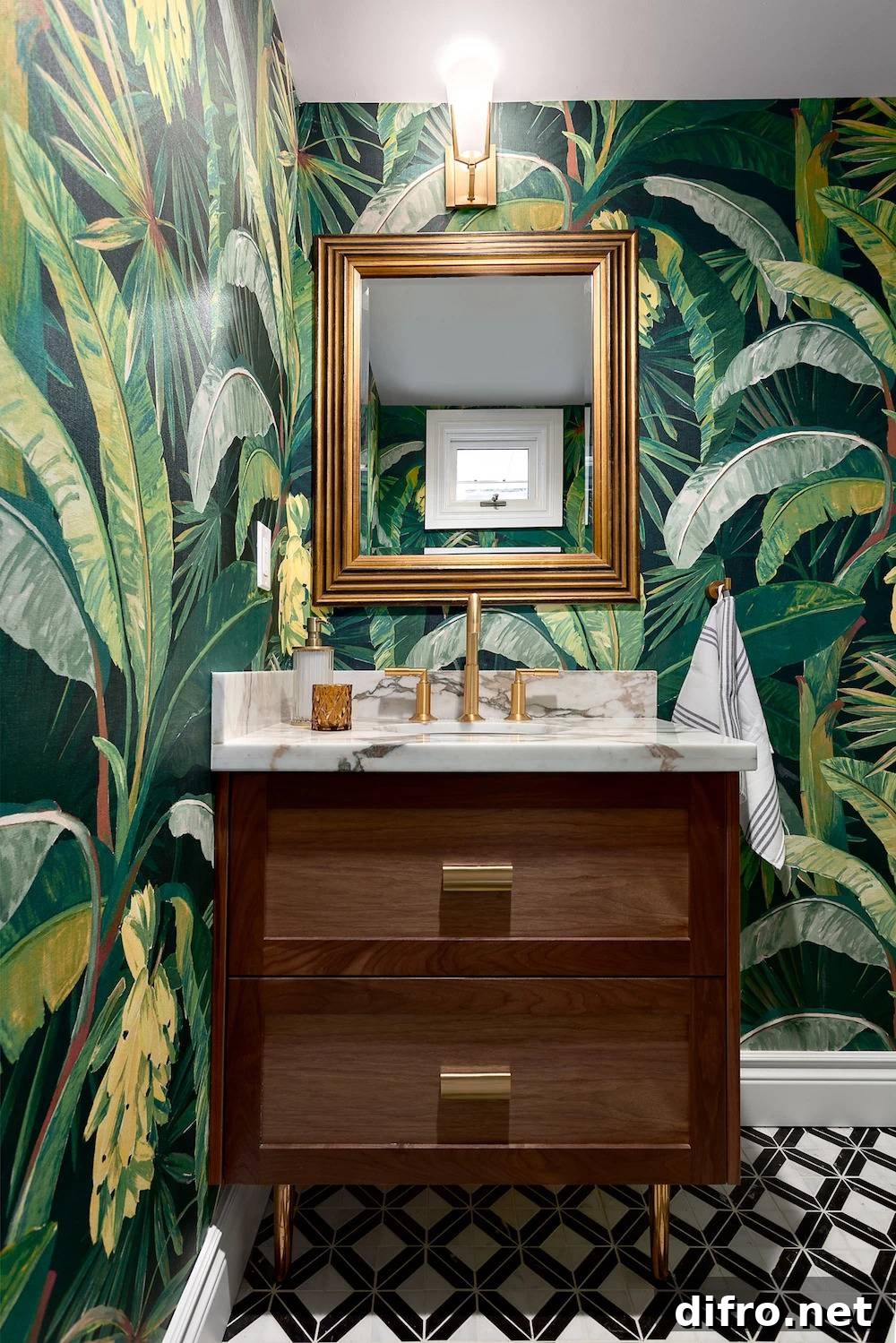 bathroom with bright green tropical leaf wallpaper, small dark wood vanity and gold mirror