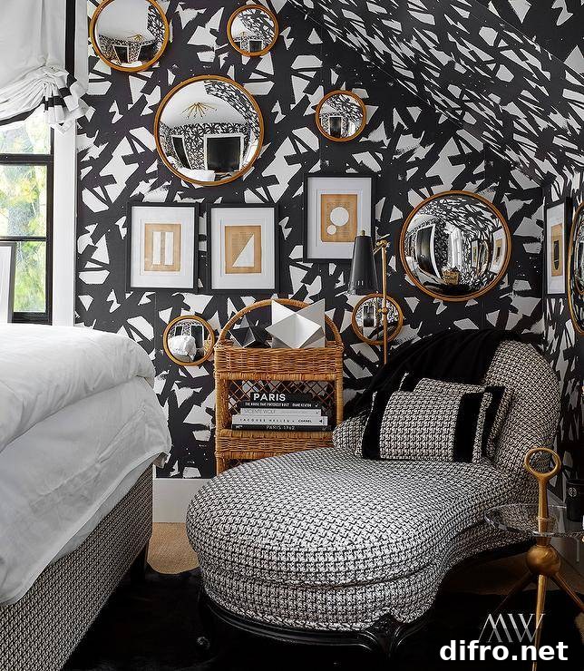 Contemporary bedroom with black strokes print wallpaper and houndstooth chaise