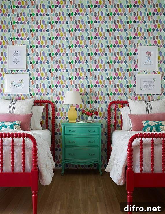 Colorful kids' bedroom with vibrant wallpaper and red spindle beds