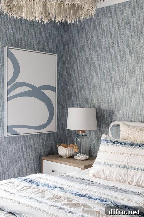 Blue textured wallpaper with a two-toned nightstand and slipcovered bed