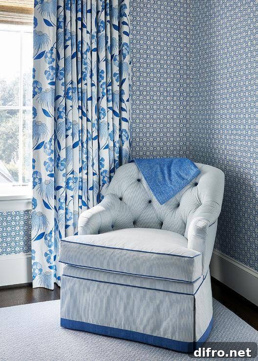 Bedroom with blue pinstripe wallpaper and coordinating upholstered chair