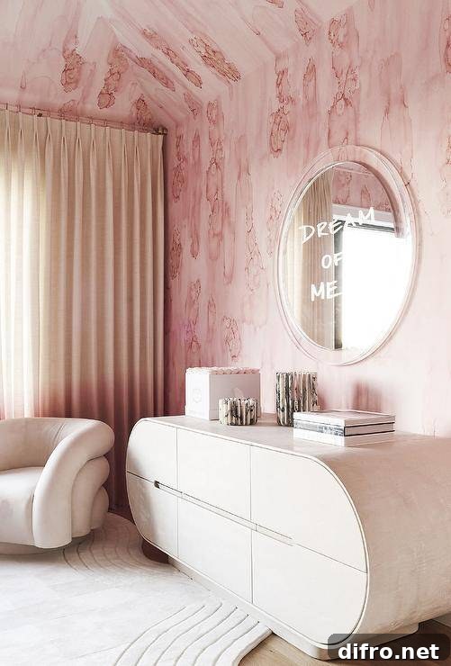 Contemporary bedroom in pink wallpaper with a 'Dream of Me' mirror