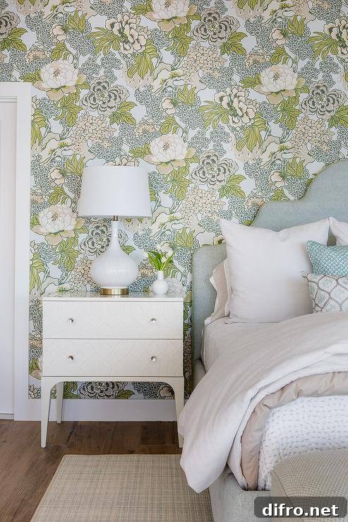 Bedroom with botanical wallpaper, geometric nightstand and gourd lamp