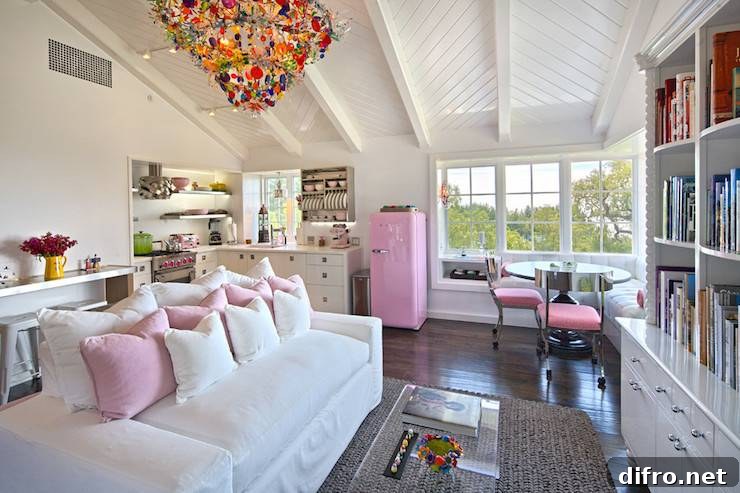 Fun one room apartment features vaulted herringbone paneled ceiling adorned with an eclectic multi-colored chandelier over a slipcovered white sofa lined with pink pillows across from a CB2 Peekaboo Clear Coffee Table and built-in bookcases alongside a chunky jute rug.