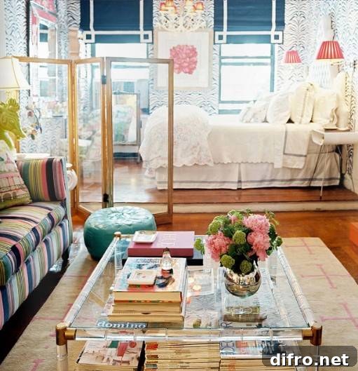 Chic studio apartment with striped sofa and gold floor screen separating bedroom.