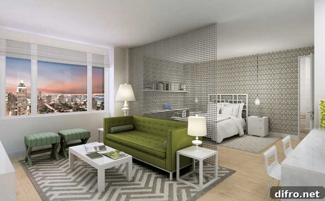 Modern contemporary studio with green tufted sofa.