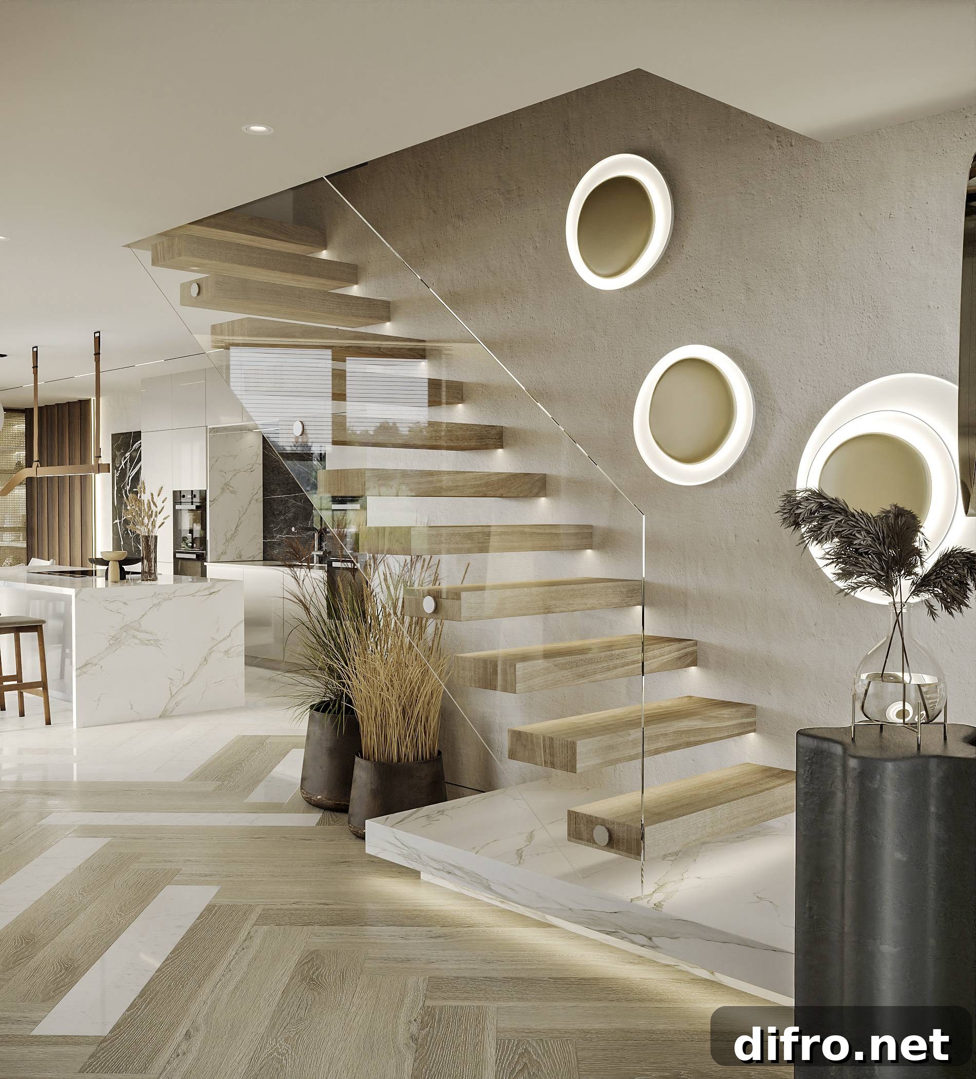 entryway with floating wooden stairs, clear glass railing and lighted mirrors on stair wall