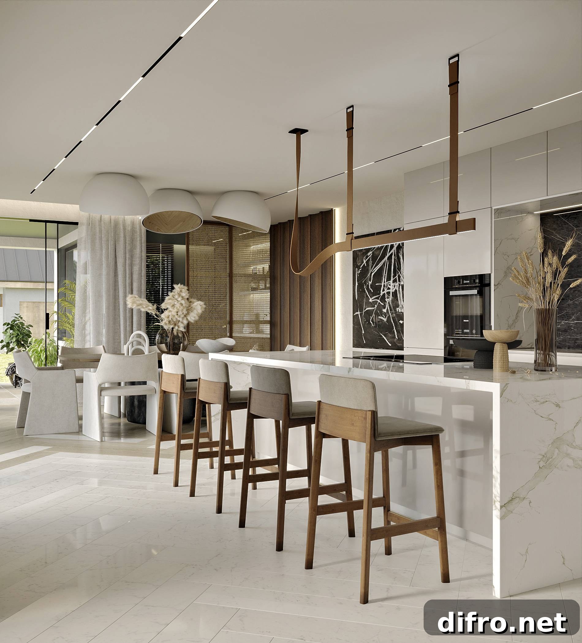 marble kitchen island with wood barstools, minimalist lighting and living room table in background