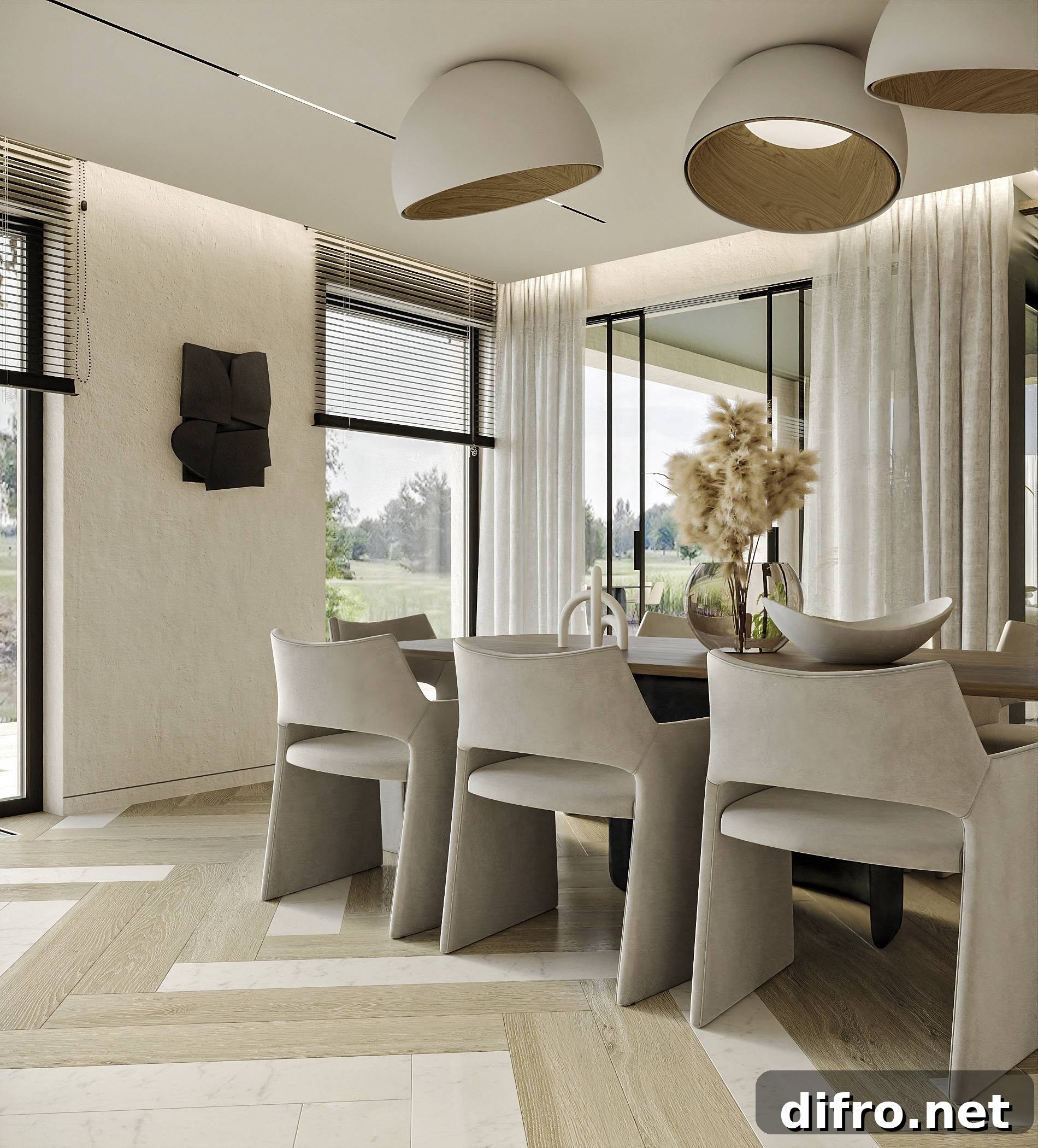 minimalist natural dining room with black sculpture on wall, large natural bouquet in table center
